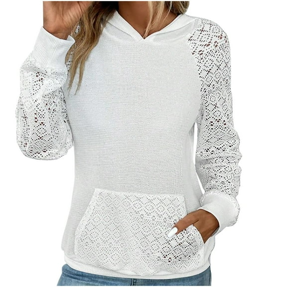 TKLPEHG Long Sleeve Tops for Women Hooded Lace Patchwork Pullover with Pocket Fashion Casual Lightweight Loose Classic Solid Color Blouse (White,XL)