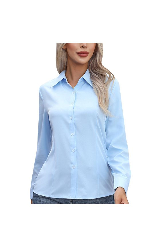 Long Sleeve Tops for Women Lapel Button Shirt Loose Fashion Solid Color Lightweight Casual Fall Tops Comfy Blouses Pullover (Blue,XXXXL)