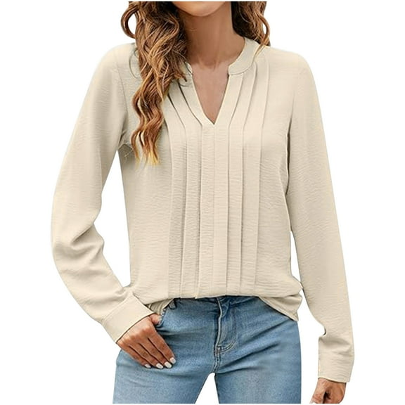 TKLPEHG Long Sleeve Tops for Women V-Neck Pleated Tunic Tops Casual Fashion Solid Color Lightweight Comfy Loose Fall Tops Pullover (Beige,M)