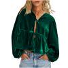 thumbnail image 1 of TKLPEHG Long Sleeve Tunic Tops for Women V Neck Tie Gold Velvet Shirts Lightweight Classic Solid Color Fashion Casual Loose Blouse (Green,M), 1 of 8