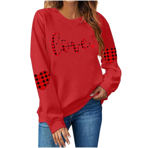 TKLPEHG Long Sleeve Valentines Shirts Women Plaid Heart Print Valentine's Sweatshirts Casual Crewneck Tops (Red,S)