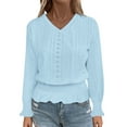 thumbnail image 1 of TKLPEHG Long Sleeve Womens Tops Fall Eyelet V Neck Shirts Fashion Smocked Hem Crop Tops Dressy Casual Tunic Shirts (Blue,L), 1 of 8