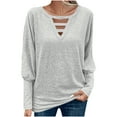 thumbnail image 1 of TKLPEHG Long Sleeve Womens Tops Loose Cutout V Neck Lantern Sleeve Tunic Tops Going Out Casual Fall Fashion Clothes (Gray,M), 1 of 6