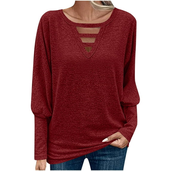 TKLPEHG Long Sleeve Womens Tops Loose Cutout V Neck Lantern Sleeve Tunic Tops Going Out Casual Fall Fashion Clothes (Wine,M)