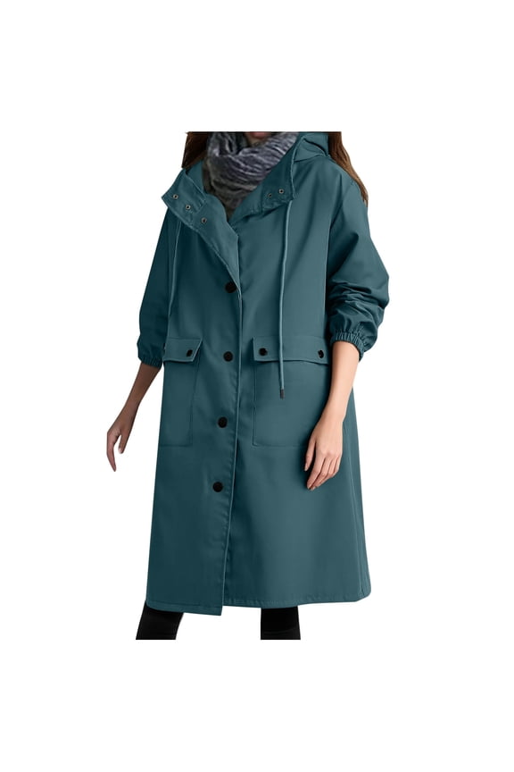 Long Trench Coat for Women Hooded Windproof Overcoat Fashion Button Shacket Outerwear Working Outdoor Outerwear (Navy,S)