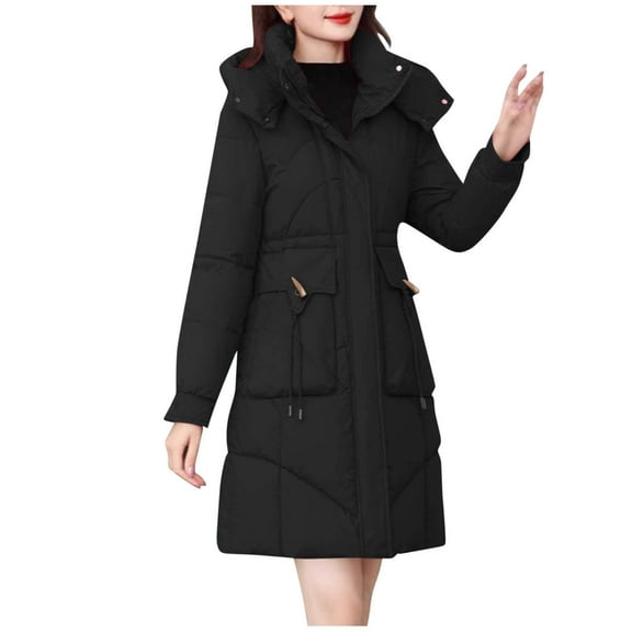 TKLPEHG Long Winter Coats for Women Long Sleeve Hooded Puffer Jacket Zipper Warm Parka Puffer Coat Thermal Outerwear (Black,M)