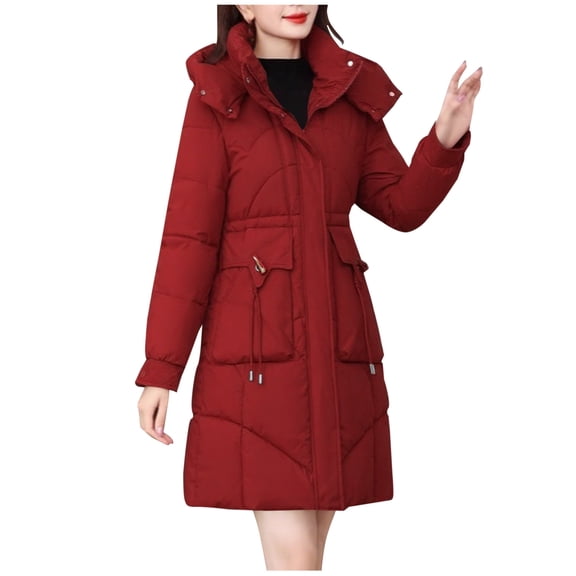TKLPEHG Long Winter Coats for Women Long Sleeve Hooded Puffer Jacket Zipper Warm Parka Puffer Coat Thermal Outerwear (Red,S)