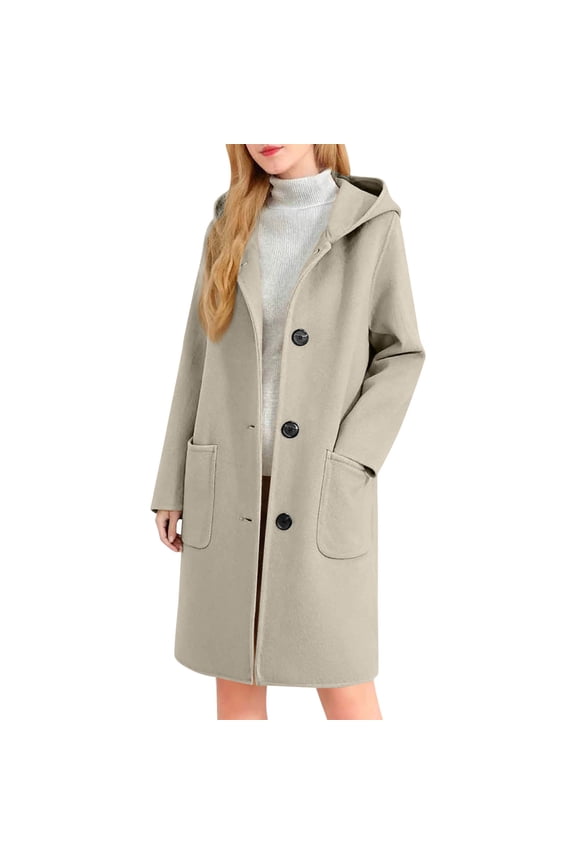 Long Winter Coats for Women Single Breasted Long Coats Comfy Casual Long Sleeve Elegant Hooded Overcoat with Pocket (Beige,S)