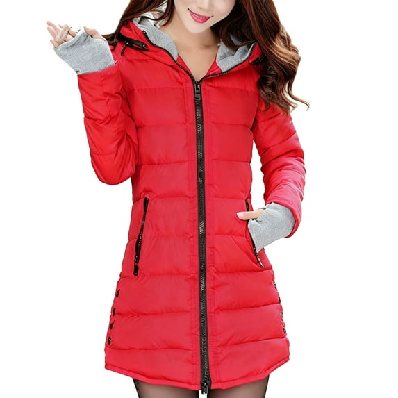 TKLPEHG Long Winter Coats for Women Zip Up Hooded Coats with Pockets Solid Color Winter Warm Outerwear with Thumb Hole (Red,XXL)