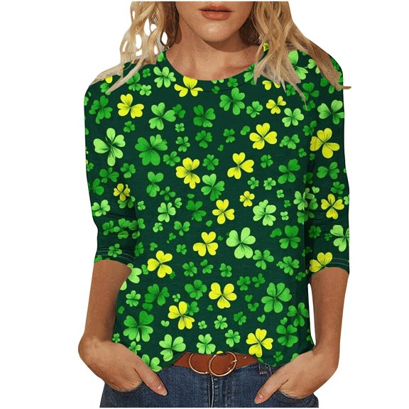 TKLPEHG Plus Size 3/4 Length Sleeve Womens Tops Crew Neck St. Patricks Day Shirts Shamrock Printed Graphic Tee Pullover Tunics (Z01_Green,S)