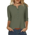 thumbnail image 1 of TKLPEHG Plus Size 3/4 Sleeve Tops for Women Button V Neck Henley Shirts Casual Comfy Three Quarter Solid Color Basic Tunic Tops (Army Green,M), 1 of 6