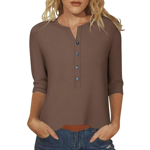 TKLPEHG Plus Size 3/4 Sleeve Tops for Women Crew Neck Button T-Shirts Solid Loose Cute Tunic Tops Casual Comfy Pullover (Coffee,S)
