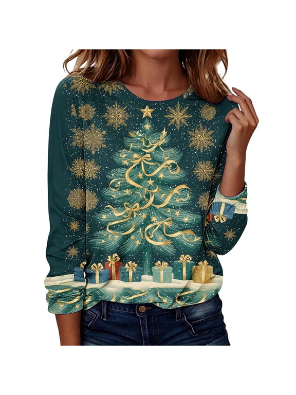 Plus Size Christmas Tops for Women Long Sleeve Crewneck Christmas Tree Snowflake Gift Box Print Casual Loose Fit Fall Winter Holiday Top,Size:S-XXXXXL