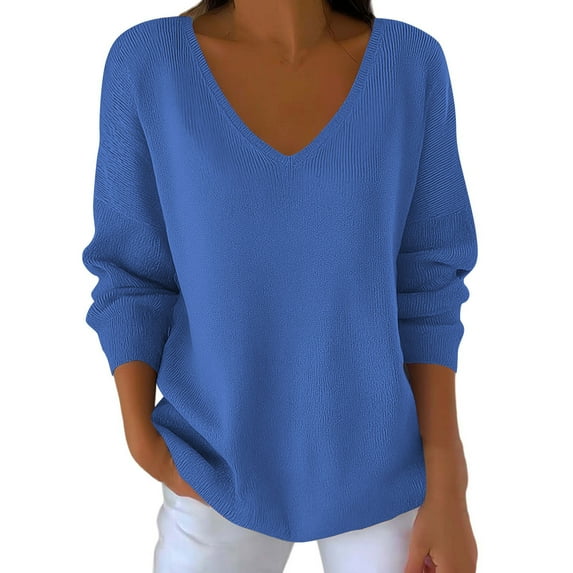 TKLPEHG Plus Size Clothes for Women Dressy Casual Long Sleeve Tops Solid Color V Neck Going Out Tops Casual Loose Pullover (Blue,S)