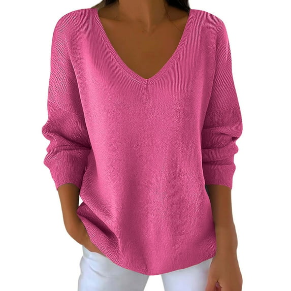 TKLPEHG Plus Size Clothes for Women Dressy Casual Long Sleeve Tops Solid Color V Neck Going Out Tops Casual Loose Pullover (Hot Pink,L)