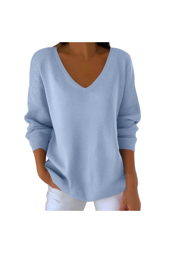 Plus Size Clothes for Women Dressy Casual Long Sleeve Tops Solid Color V Neck Going Out Tops Casual Loose Pullover (Light Blue,M)