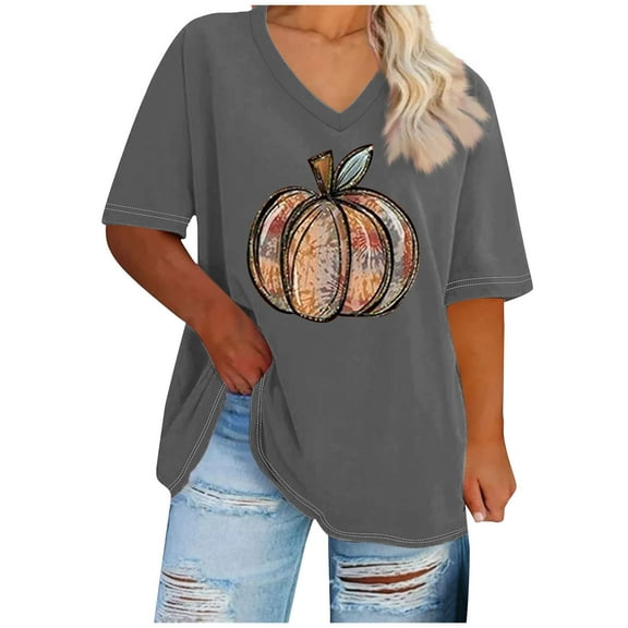 TKLPEHG Plus Size Halloween Pumpkin Shirt Women Fashion V Neck Fall Graphic Tee Short Sleeve Thanksgiving Gift Tops T-Shirt (Gray,XXL)