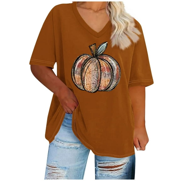 TKLPEHG Plus Size Halloween Pumpkin Shirt Women Fashion V Neck Fall Graphic Tee Short Sleeve Thanksgiving Gift Tops T-Shirt (Orange,XXXXXL)