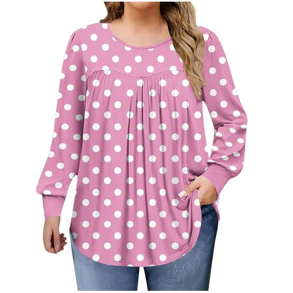 TKLPEHG Plus Size Tops for Wome Crew Neck Long Sleeve Oversized T-Shirts Dressy Casual Pleaded Tunic Shirts Loose Pullover (Pink,XXXXL)