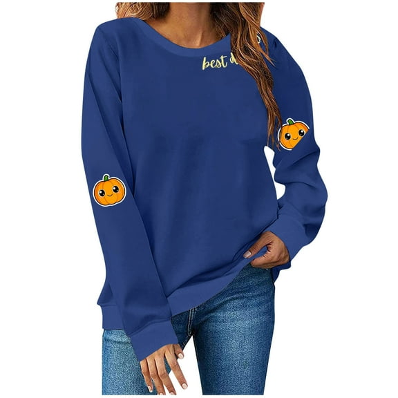 TKLPEHG Pumpkin Sweatshirt for Women Thanksgiving Crewneck Fall Sweatshirts Vintage Long Sleeve Tops Graphic Print Casual Pullover (Navy,XL)