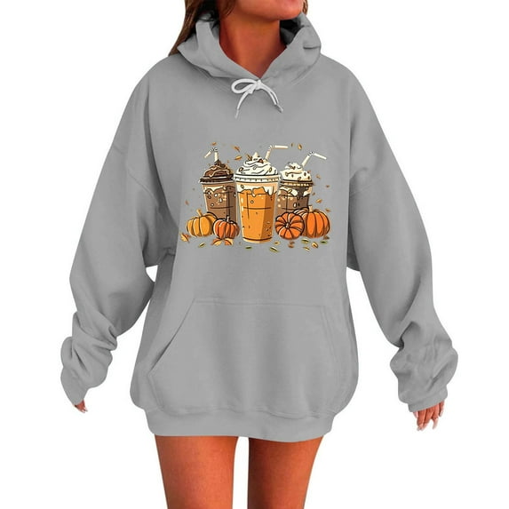 TKLPEHG Pumpkin Sweatshirt for Women Thanksgiving Graphic Hoodies Fall Halloween Sweatshirts Long Sleeve Hooded Pullover (Gray,XL)