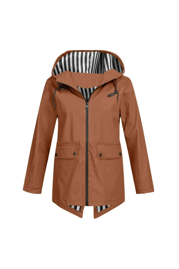 Rain Jackets for Women Outdoor Zip up Hooded Waterproof Rain Jacket Long Sleeve Loose Coat With Pocket (Brown,S)