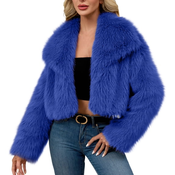 TKLPEHG Women's Fleece Jacket Shawl Lapel Collar Open Front Cropped Jacket Warm Winter Solid Long Sleeve Cardigans Outerwear (Blue,XXL)