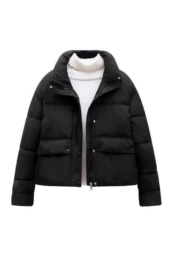 Full Zip Up Puffer Cropped Coat For Women Long Sleeve Thermal Jacket With Pockets Winter Warm Coats (Black,M)