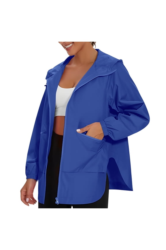 Rain Jackets for Women Zip Up Hooded Waterproof Raincoat Long Sleeve Rain Jacket Trench Coat Windbreaker With Pockets for Outdoor (Blue,S)