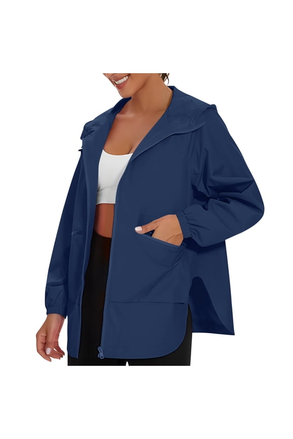 Rain Jackets for Women Zip Up Hooded Waterproof Raincoat Long Sleeve Rain Jacket Trench Coat Windbreaker With Pockets for Outdoor (Navy,M)