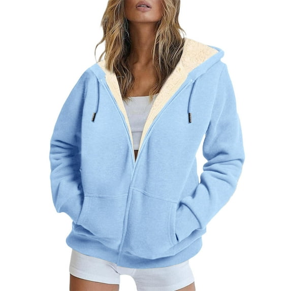 TKLPEHG Fleece Jacket Women Full Zip Fleece Lined Athletic Hoodies Coats Long Sleeve Thermal Drawstring Hooded Sweatshirts Coats with Pockets (Light Blue,XXXXXL)