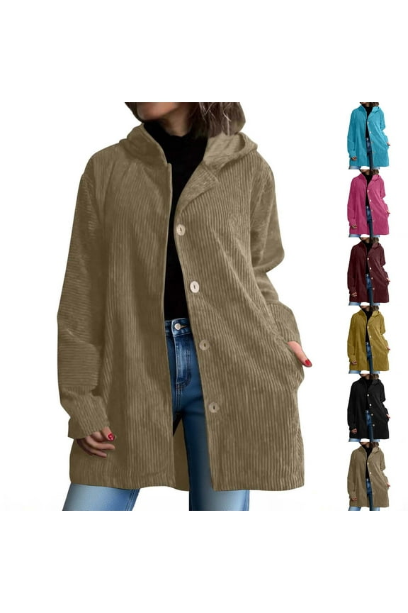 Womens Corduroy Jacket Oversized Hooded Outerwear Loose Long Sleeve Button Jackets Casual Loose Outerwear (Black,L)