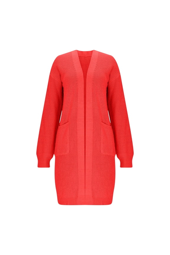 Mid Lenght Cardigan Sweaters for Women Fall Open Front Long Sleeve Knitted Versatile Outerwear Cardigans with Pockets (Red,S)