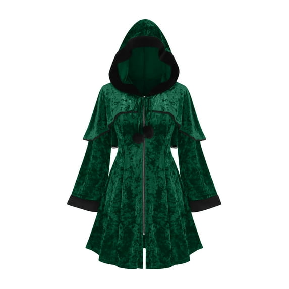 TKLPEHG Halloween Medieval Hooded Coat Long Hooded Cardigan Pleated Shawl Coat (Green,XXL)