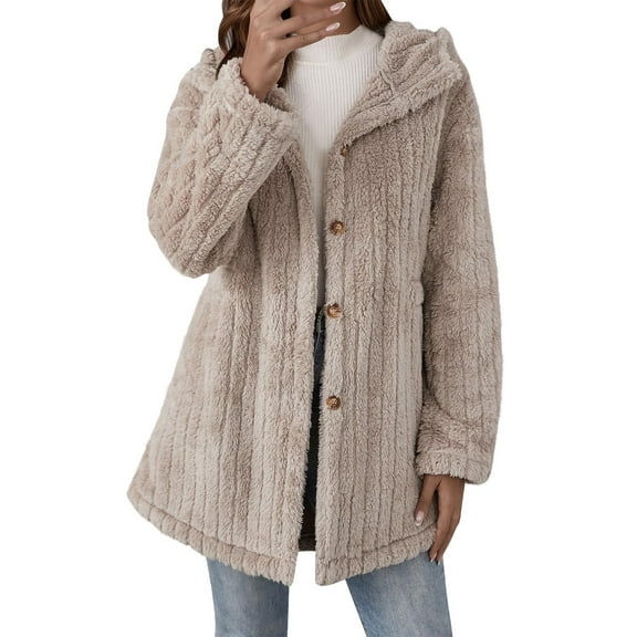 TKLPEHG Long Fleece Jacket Women Long Sleeve Hooded Winter Coat Oversized Hoodies Button Warm Trendy Outwear (Khaki,S)