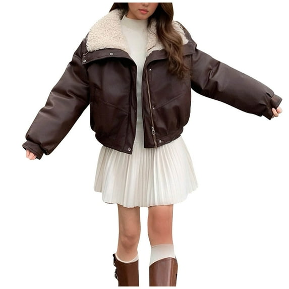 TKLPEHG Women Winter Jacket Fashion Warm Coat Fleece Lined Coat PU Winter Jacket Long Sleeve Casual Outwear (Coffee,M)