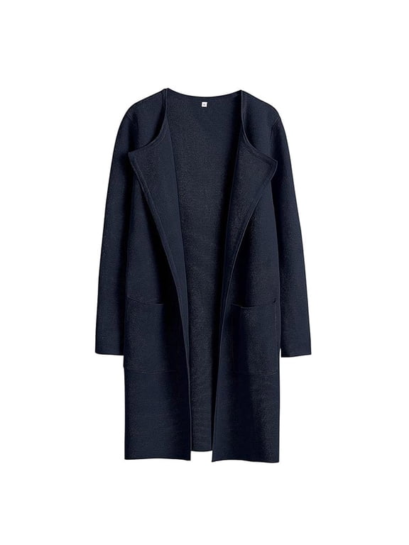 Womens Cardigan Sweater Coats Long Sleeve Open Front Knit Long Coatigan Dressy Casual Jacket Coat Fall Outfits with Pockets (Navy,L)