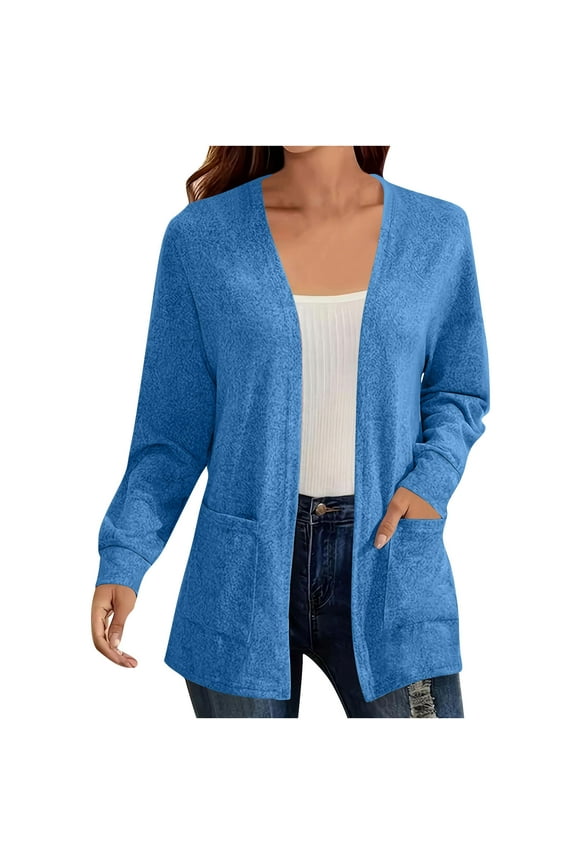 Cardigan Sweaters for Women Solid Color Open Front Cardigans Plus Size Trendy Fall Sweaters with Pockets (Blue,M)