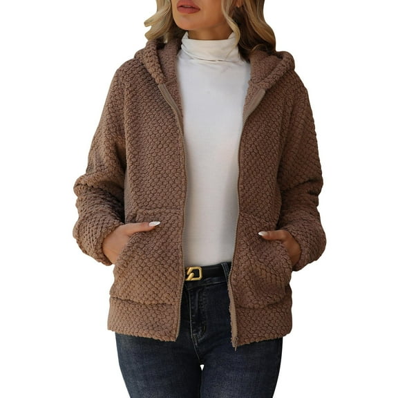 TKLPEHG Warm Jackets for Women Full Zip Fleece Jacket Hooded Long Sleeve Casual Fall Winter Coat with Pocket Solid Color Loose (Coffee,S)