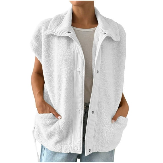 TKLPEHG Women's Sleeveless Fleece Vest Coats with Pocket Fashion Button Front Jacket Comfy Casual Winter Outerwear (White,M)
