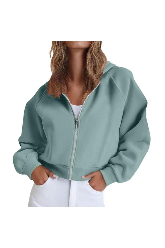 Women’s Zip Up Sweatshirt Coats Long Sleeve Hooded Cropped Hoodie Jacket Casual Loose Outerwear (Mint Green,XXL)