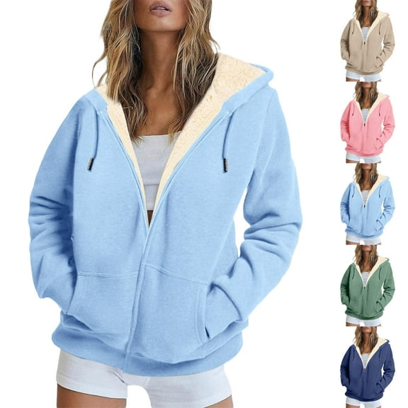TKLPEHG Fleece Jacket Women Full Zip Fleece Lined Athletic Hoodies Coats Long Sleeve Thermal Drawstring Hooded Sweatshirts Coats with Pockets (Khaki,L)