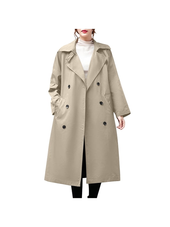 Women's Long Trench Coats Double Breasted Long Sleeve Fall Jackets Solid Lapel Pockets Maxi Overcoat Outerwear (Khaki,XXL)