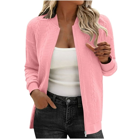 TKLPEHG Women's Zip Up Jackets Textured Lightweight Bomber Jacket Casual Long Sleeve Outerwear (Pink,S)