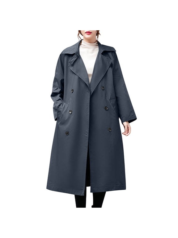 Women's Long Trench Coats Double Breasted Long Sleeve Fall Jackets Solid Lapel Pockets Maxi Overcoat Outerwear (Dark Gray,XL)