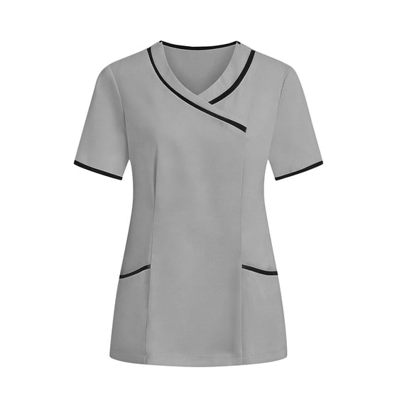 TKLPEHG Scrubs Tops for Women Casual Loose Fit Loose Fit Stretchy Nurse Uniform Shirts with Pockets Short Sleeve Top Comfy Regular V-Neck Solid Color Blouses (Gray,XXL)