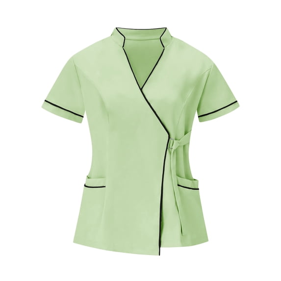 TKLPEHG Scrubs Tops for Women Loose Fit Comfy Wrap Open Front Uniform Side Tie Shirts Short Sleeve Top Comfy Regular V-Neck Solid Color Casual Blouses (Green,XXXL)
