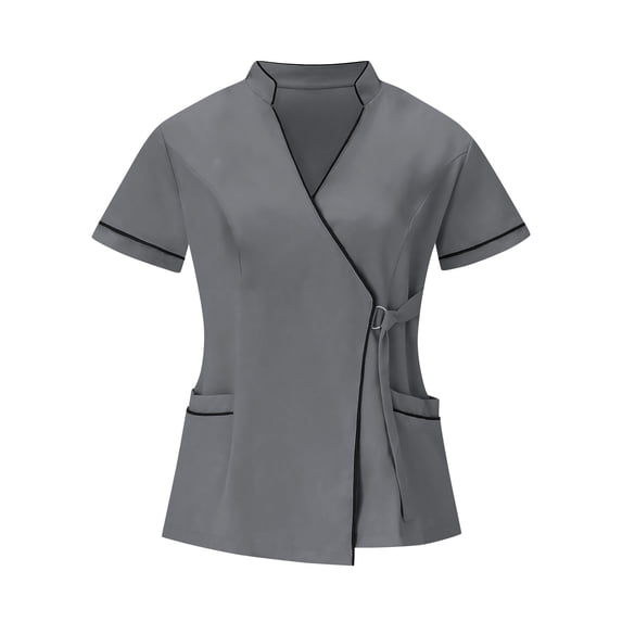 TKLPEHG Scrubs for Women Loose Fit Short Sleeve Top Regular V-Neck Casual Soft Wrap Open Front Stretchy Uniform Side Tie Shirts Comfy Solid Color Blouses (Dark Gray,XXXL)