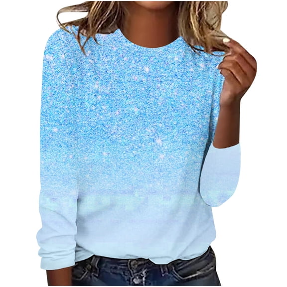 TKLPEHG Sequin Tops for Women Casual Dressy Long Sleeve Sparkly Shirts Round Neck Pullover Fashion Summer and Spring Glitter Shirt (Light Blue,S)