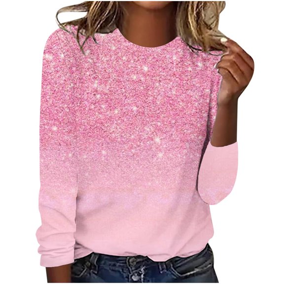 TKLPEHG Sequin Tops for Women Casual Dressy Long Sleeve Sparkly Shirts Round Neck Pullover Fashion Summer and Spring Glitter Shirt (Pink,L)